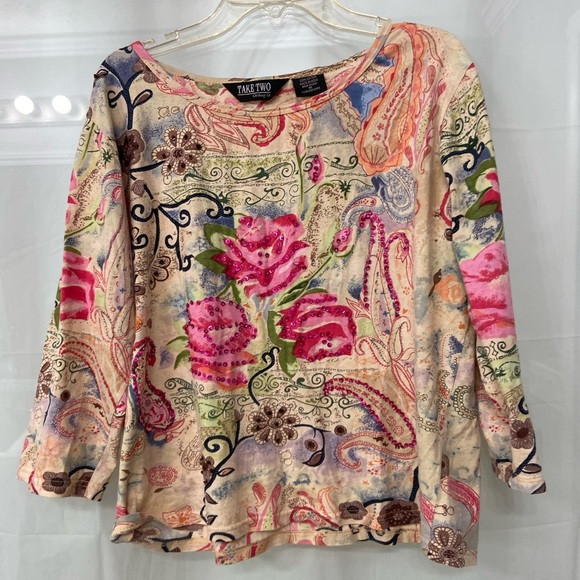Tops - Take Two Womens 3/4 length Sleeve Top Floral Size Medium With Beading